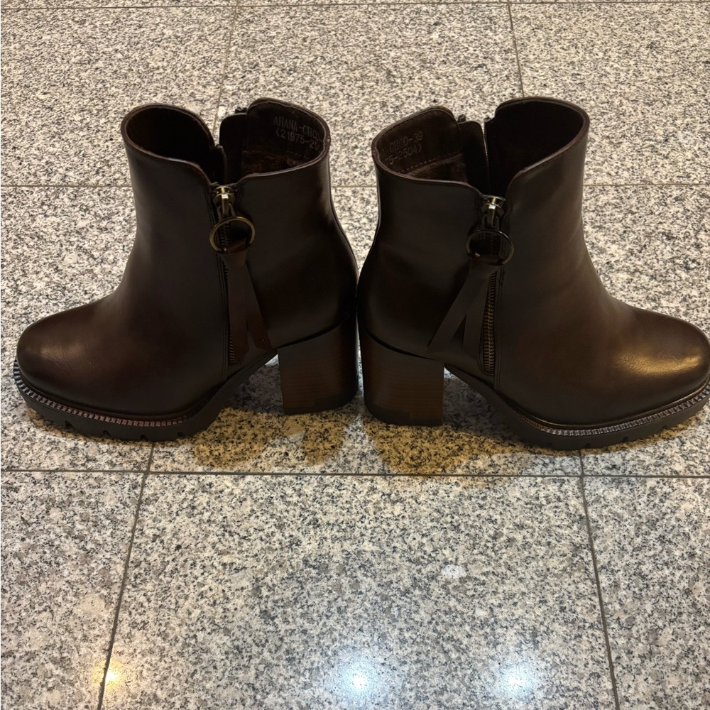 Women’s Dark Brown Leather Block Heel Ankle Booties with Side Zip